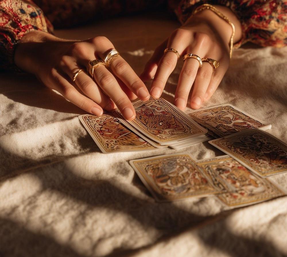 Tarot cards spread during a reading session